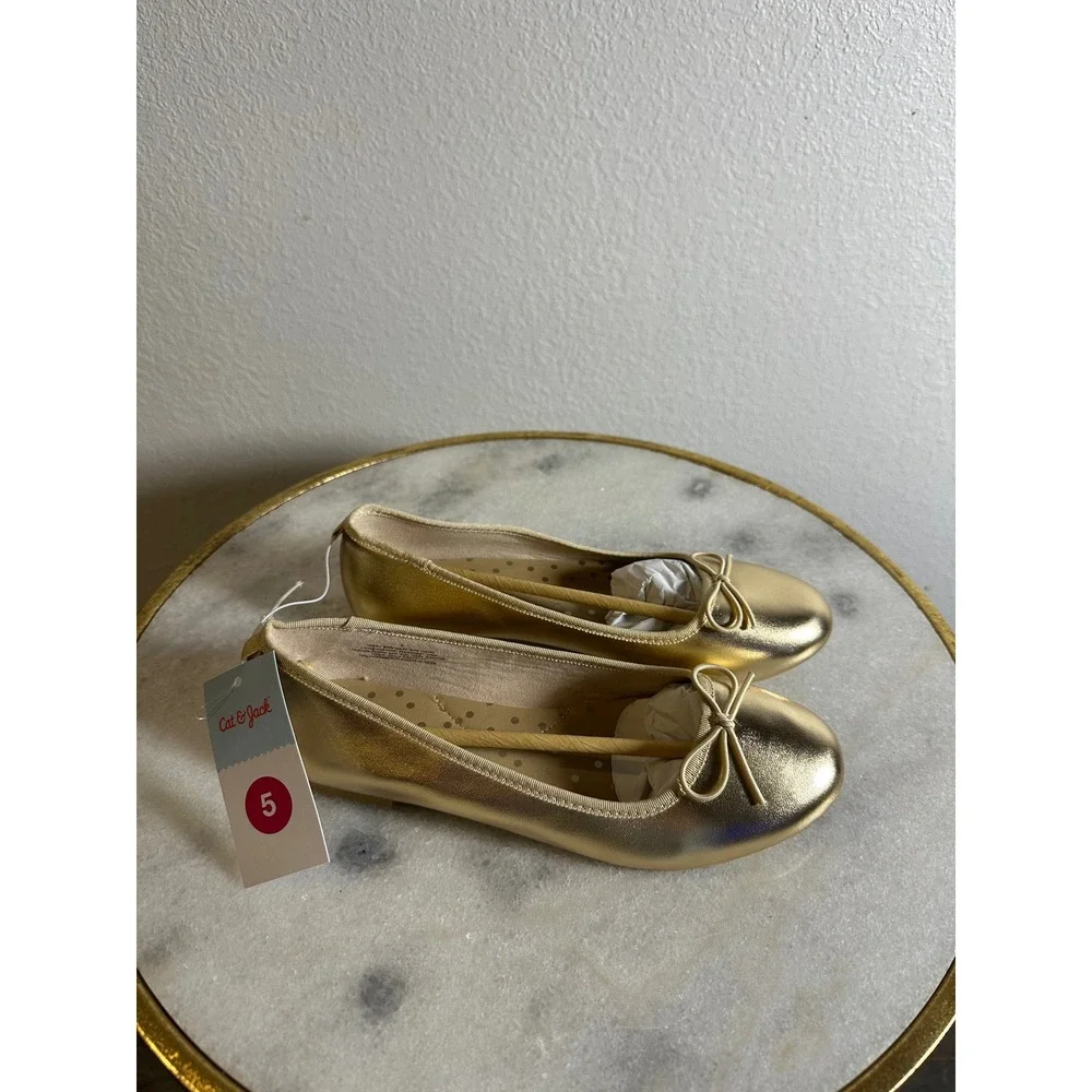 Cat & Jack Girls Gold Metallic Ballet Flats Bow Detail Slip On Shoes Size 5